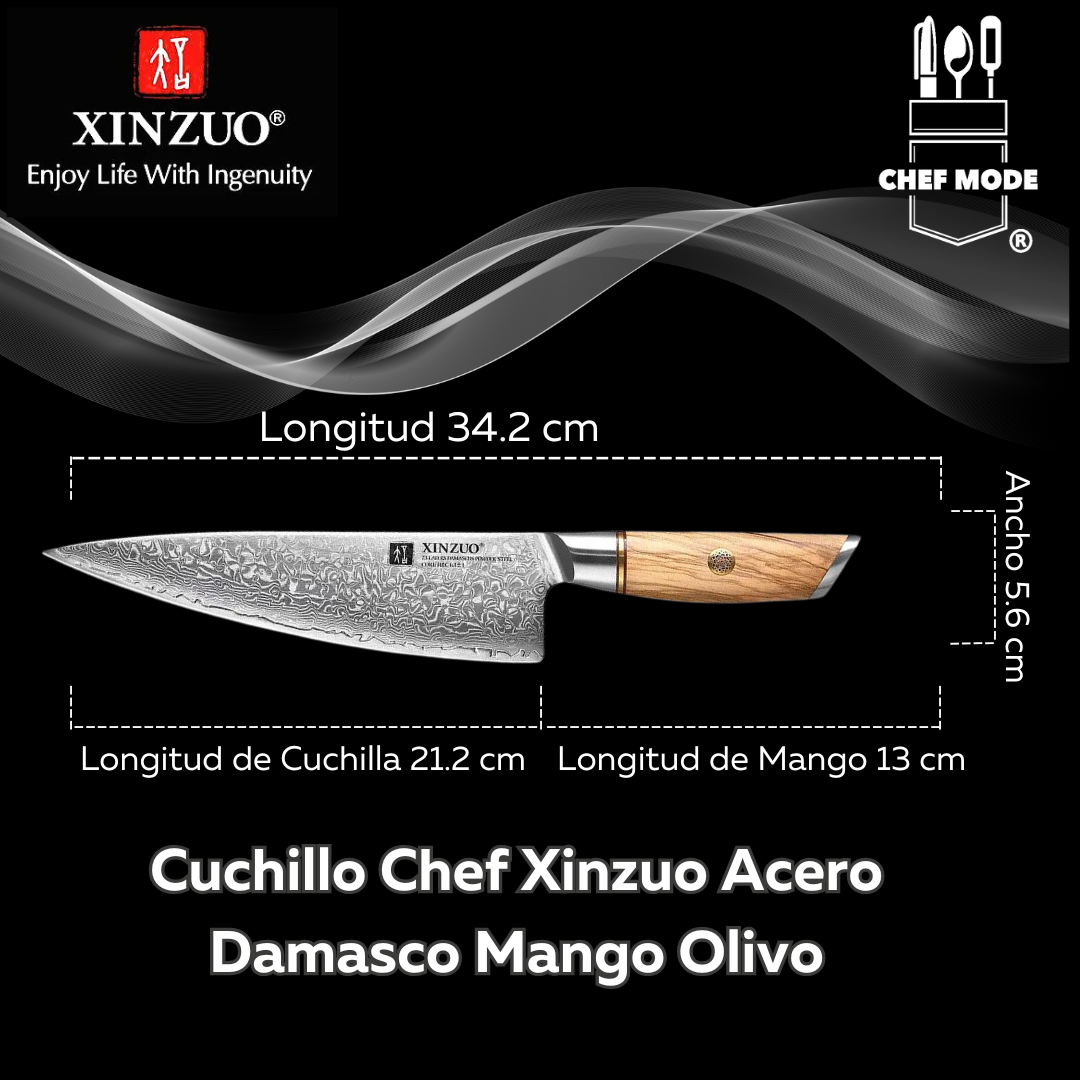 Cuchillo Chef Xinzuo Acero Damasco Mango Olivo B37