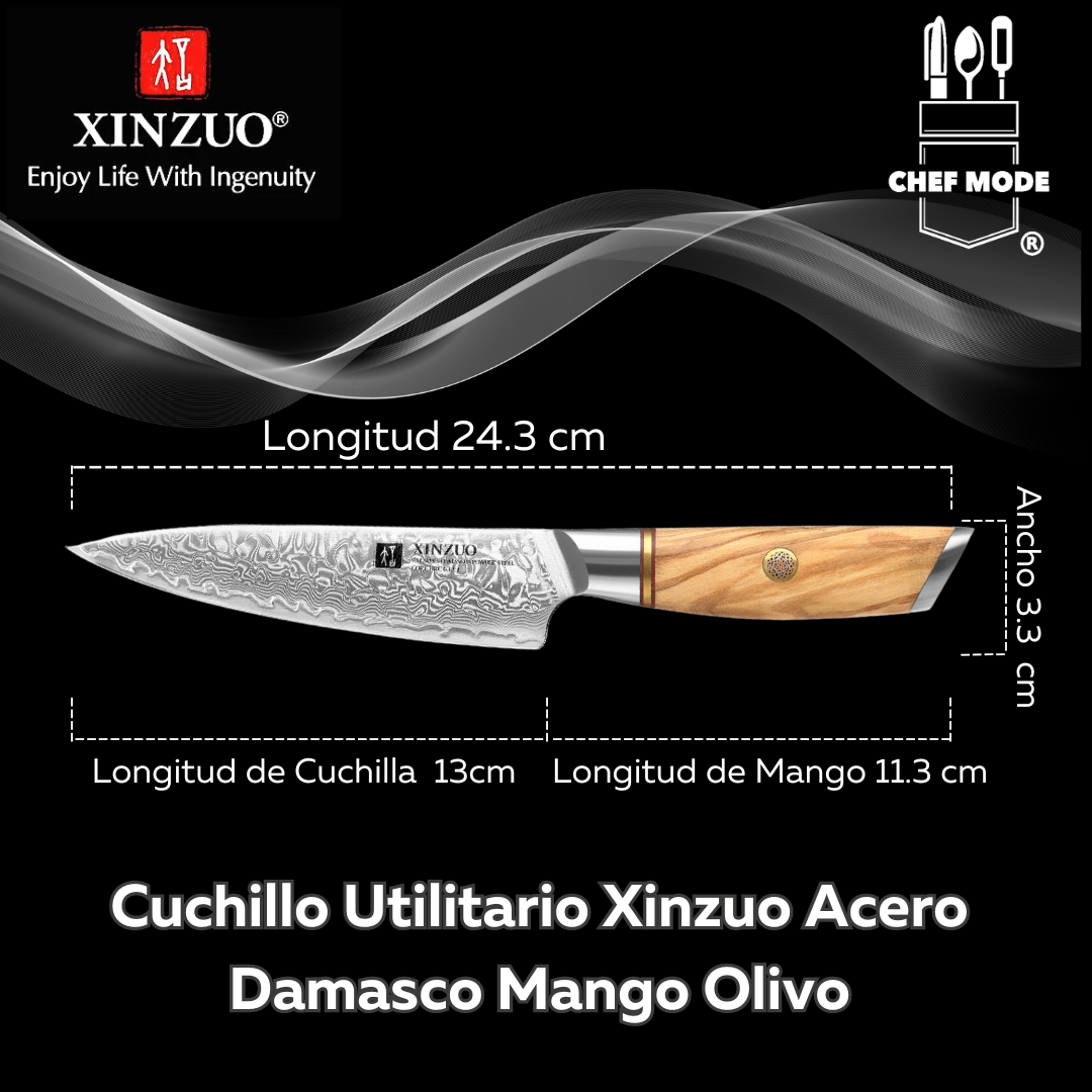 Cuchillo Utilitario Xinzuo Acero Damasco Mango Olivo B37