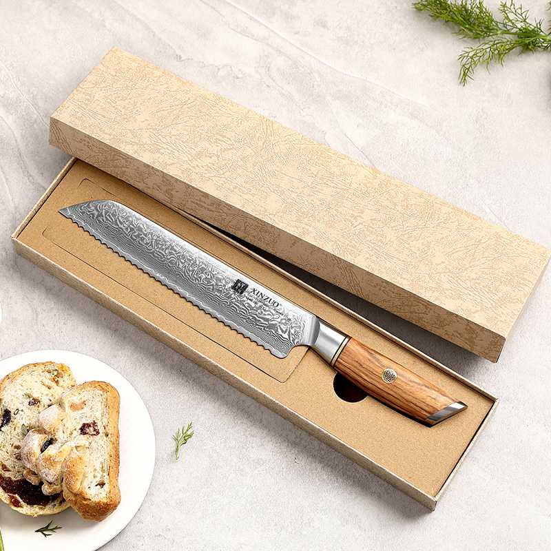 Cuchillo Para Pan Xinzuo Acero Damasco Mango Olivo B37